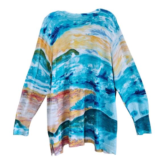 CHICO'S 4 Women's XXL Cardigan Sweater Ocean Watercolor Open Turquoise Bust 46" - Picture 7 of 8